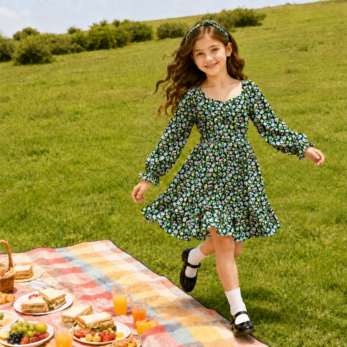 Lanbubble Girls Fall Dress Long Sleeve Floral Tiered Casual Flowy Dresses Square Neck A Line 7-14Y
