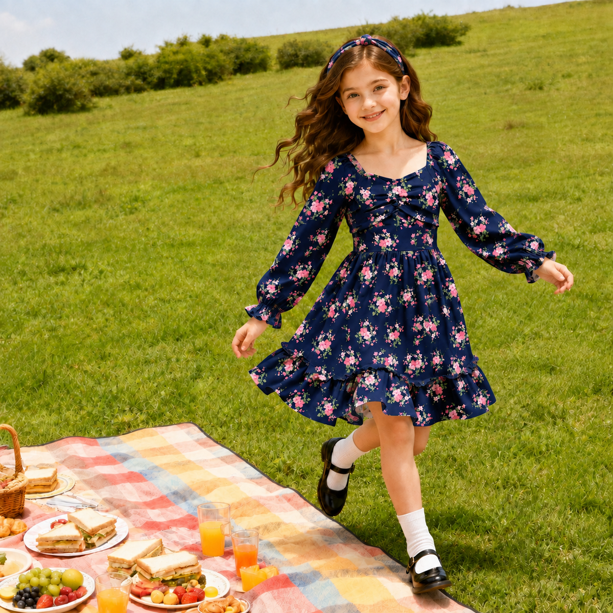 Lanbubble Girls Fall Dress Long Sleeve Floral Tiered Casual Flowy Dresses Square Neck A Line 7-14Y