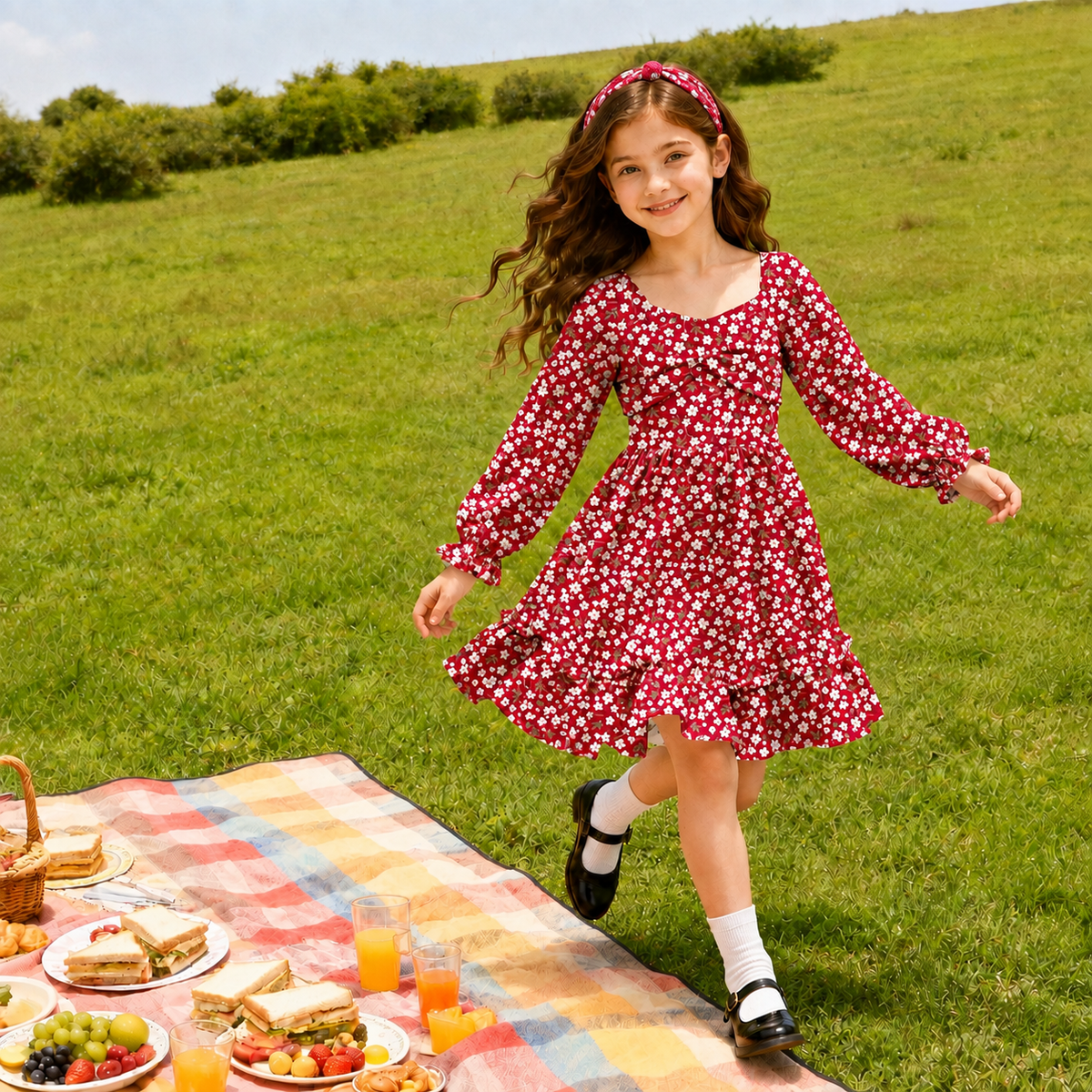 Lanbubble Girls Fall Dress Long Sleeve Floral Tiered Casual Flowy Dresses Square Neck A Line 7-14Y