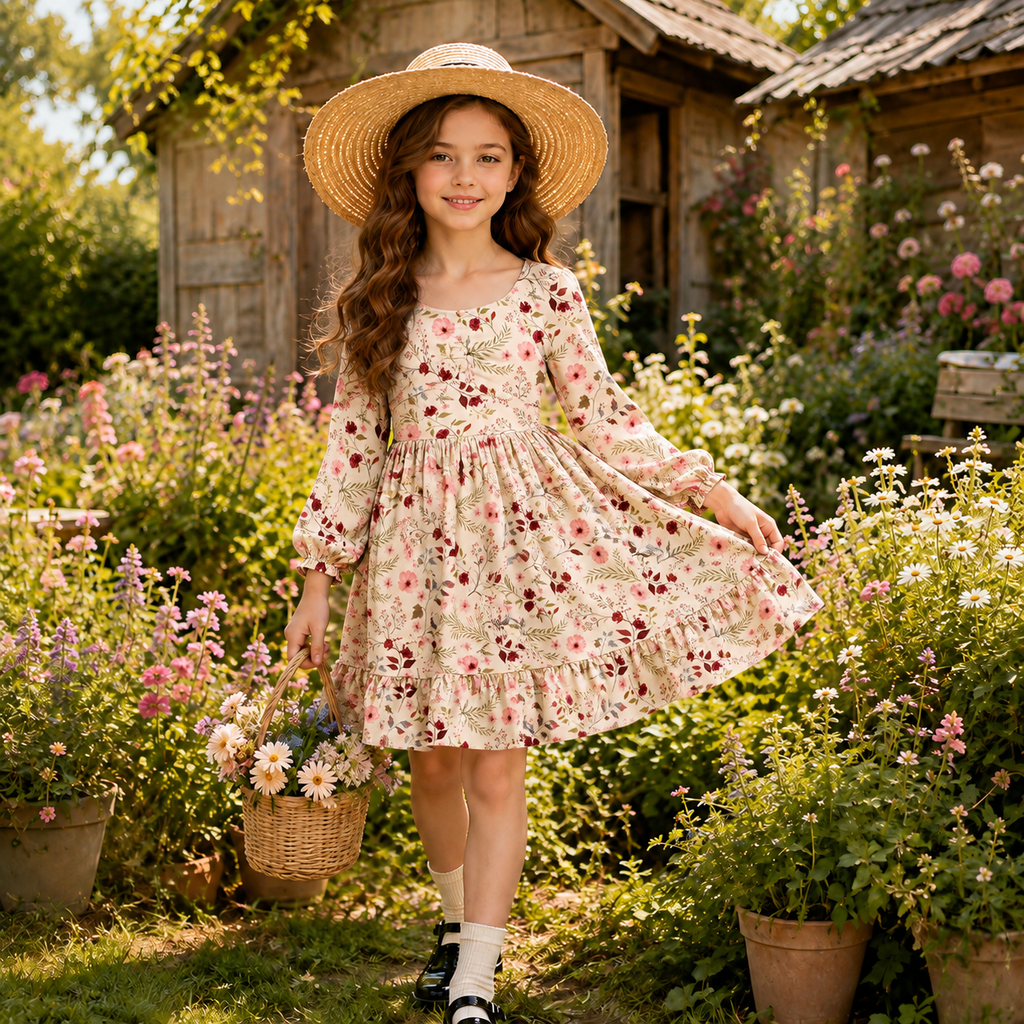Lanbubble Girls Fall Dress Long Sleeve Floral Tiered Casual Flowy Dresses Square Neck A Line 7-14Y