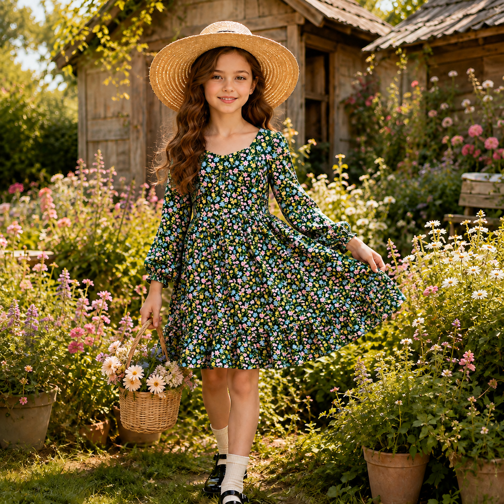 Lanbubble Girls Fall Dress Long Sleeve Floral Tiered Casual Flowy Dresses Square Neck A Line 7-14Y