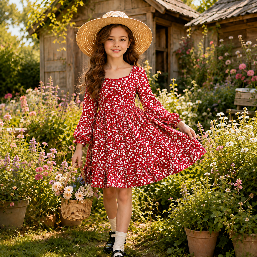 Lanbubble Girls Fall Dress Long Sleeve Floral Tiered Casual Flowy Dresses Square Neck A Line 7-14Y