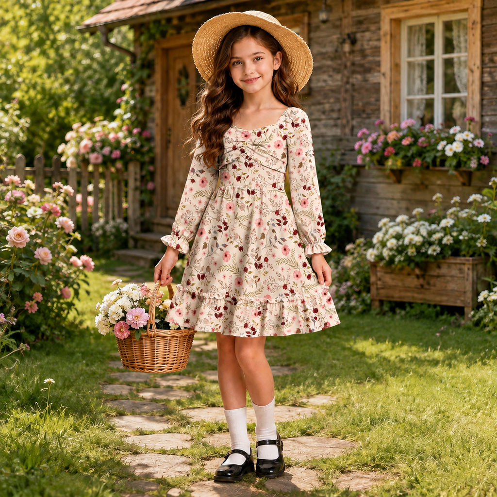 Lanbubble Girls Fall Dress Long Sleeve Floral Tiered Casual Flowy Dresses Square Neck A Line 7-14Y