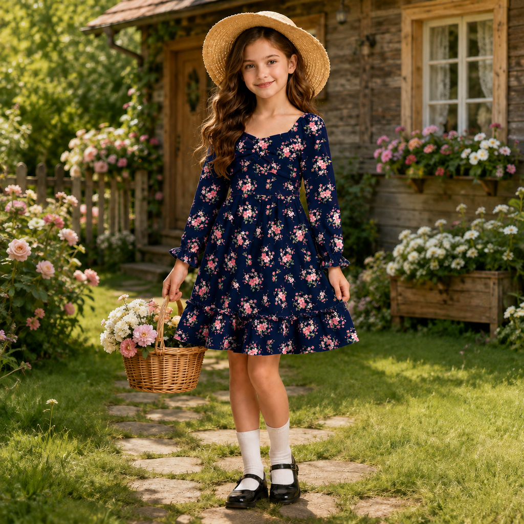 Lanbubble Girls Fall Dress Long Sleeve Floral Tiered Casual Flowy Dresses Square Neck A Line 7-14Y
