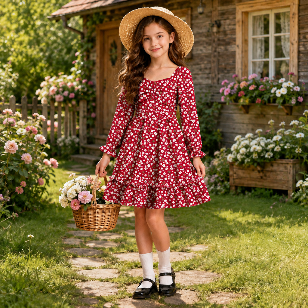 Lanbubble Girls Fall Dress Long Sleeve Floral Tiered Casual Flowy Dresses Square Neck A Line 7-14Y