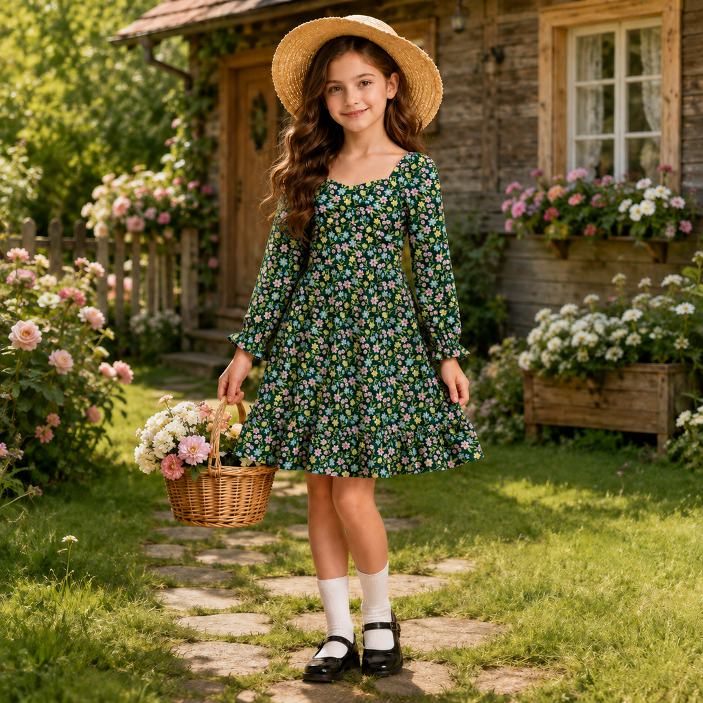Lanbubble Girls Fall Dress Long Sleeve Floral Tiered Casual Flowy Dresses Square Neck A Line 7-14Y