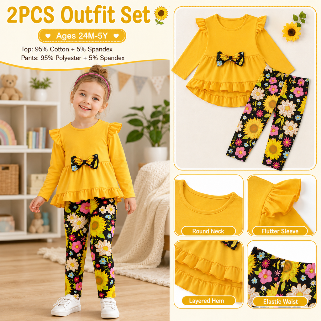 Lanbubble 1-5Y Toddler Girl 2-Piece Outfits Set Long Sleeve Ruffle Hem Top Floral Pants Fall Winter Kids Girl Clothes