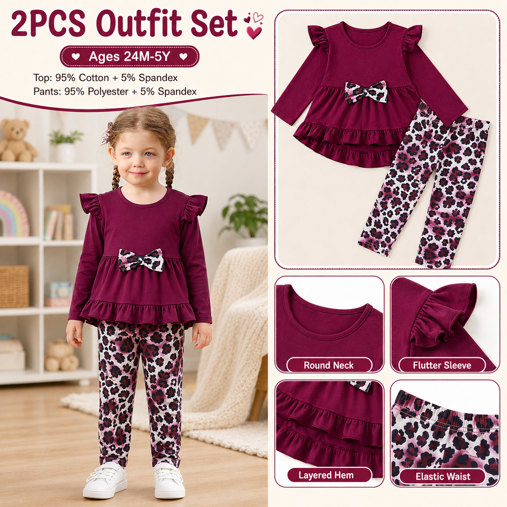 Lanbubble 1-5Y Toddler Girl 2-Piece Outfits Set Long Sleeve Ruffle Hem Top Floral Pants Fall Winter Kids Girl Clothes