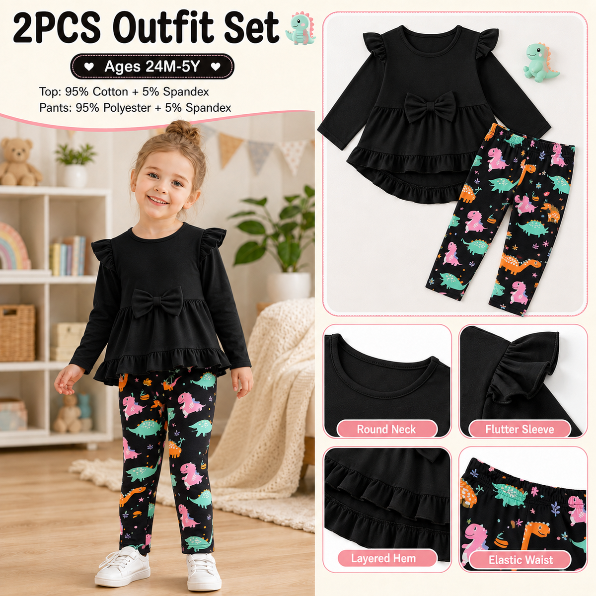 Lanbubble 1-5Y Toddler Girl 2-Piece Outfits Set Long Sleeve Ruffle Hem Top Floral Pants Fall Winter Kids Girl Clothes