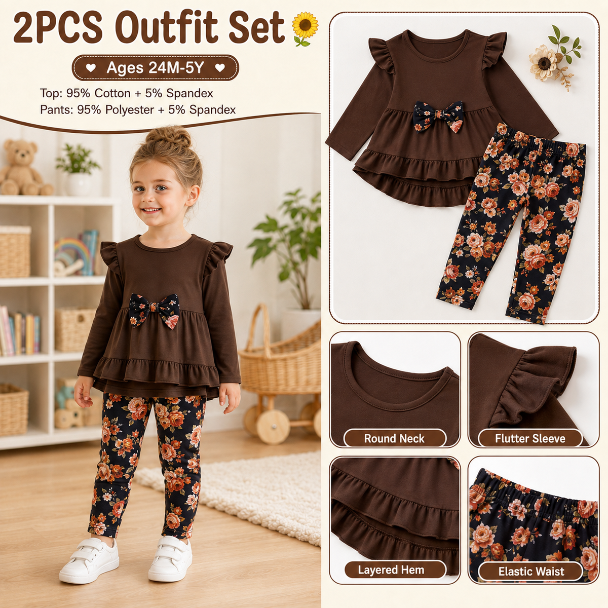 Lanbubble 1-5Y Toddler Girl 2-Piece Outfits Set Long Sleeve Ruffle Hem Top Floral Pants Fall Winter Kids Girl Clothes