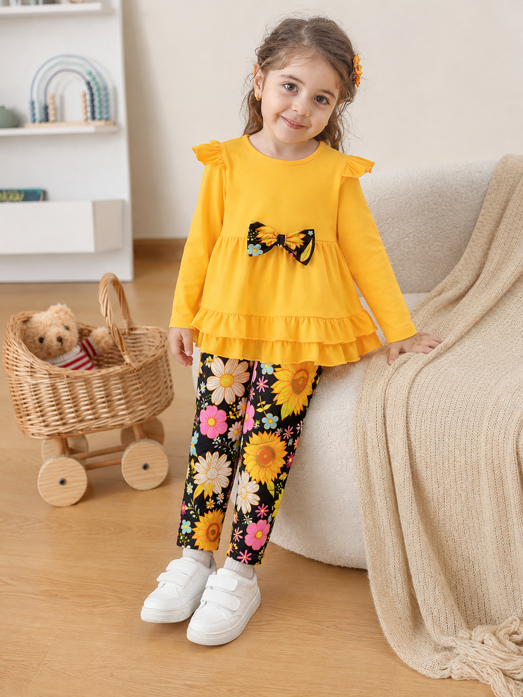 Lanbubble 1-5Y Toddler Girl 2-Piece Outfits Set Long Sleeve Ruffle Hem Top Floral Pants Fall Winter Kids Girl Clothes