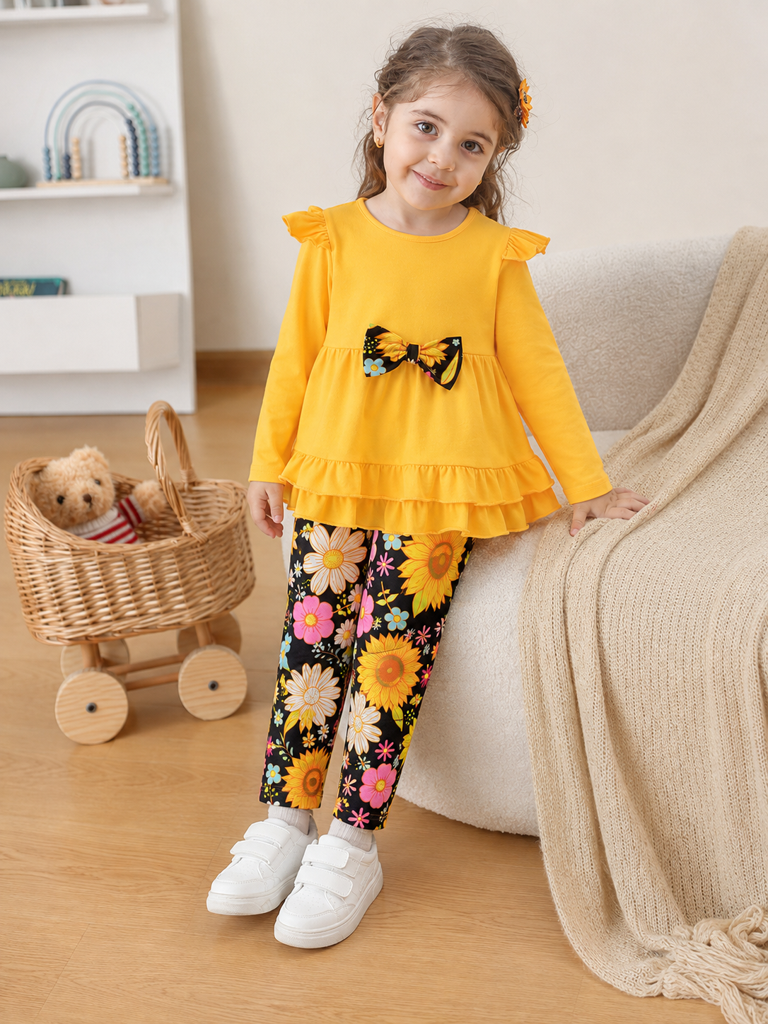 Lanbubble 1-5Y Toddler Girl 2-Piece Outfits Set Long Sleeve Ruffle Hem Top Floral Pants Fall Winter Kids Girl Clothes