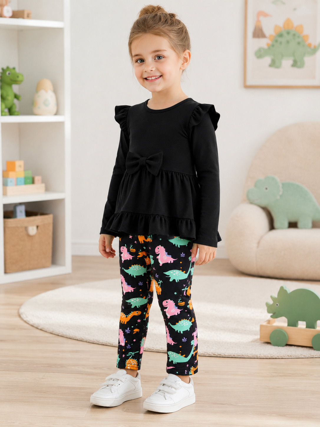 Lanbubble 1-5Y Toddler Girl 2-Piece Outfits Set Long Sleeve Ruffle Hem Top Floral Pants Fall Winter Kids Girl Clothes