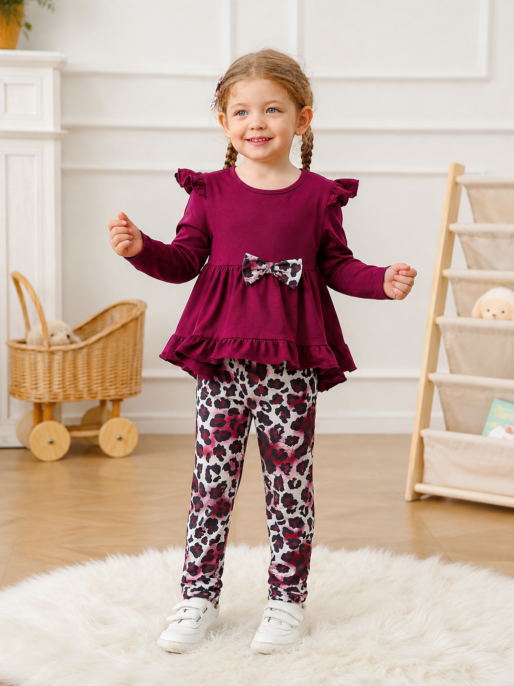 Lanbubble 1-5Y Toddler Girl 2-Piece Outfits Set Long Sleeve Ruffle Hem Top Floral Pants Fall Winter Kids Girl Clothes