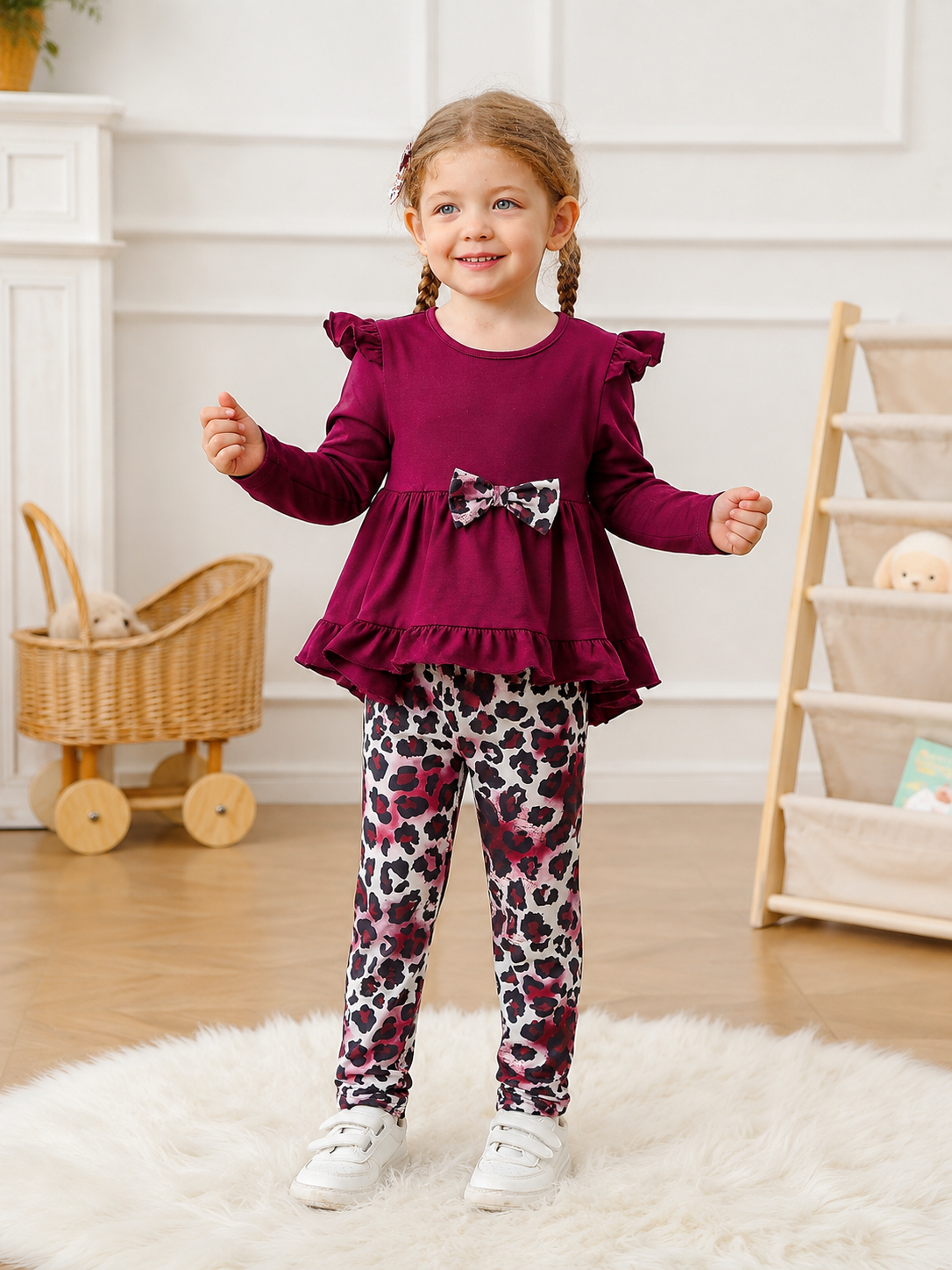Lanbubble 1-5Y Toddler Girl 2-Piece Outfits Set Long Sleeve Ruffle Hem Top Floral Pants Fall Winter Kids Girl Clothes