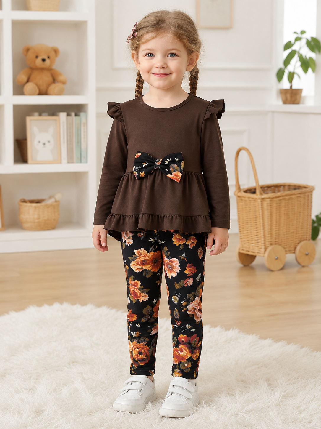 Lanbubble 1-5Y Toddler Girl 2-Piece Outfits Set Long Sleeve Ruffle Hem Top Floral Pants Fall Winter Kids Girl Clothes