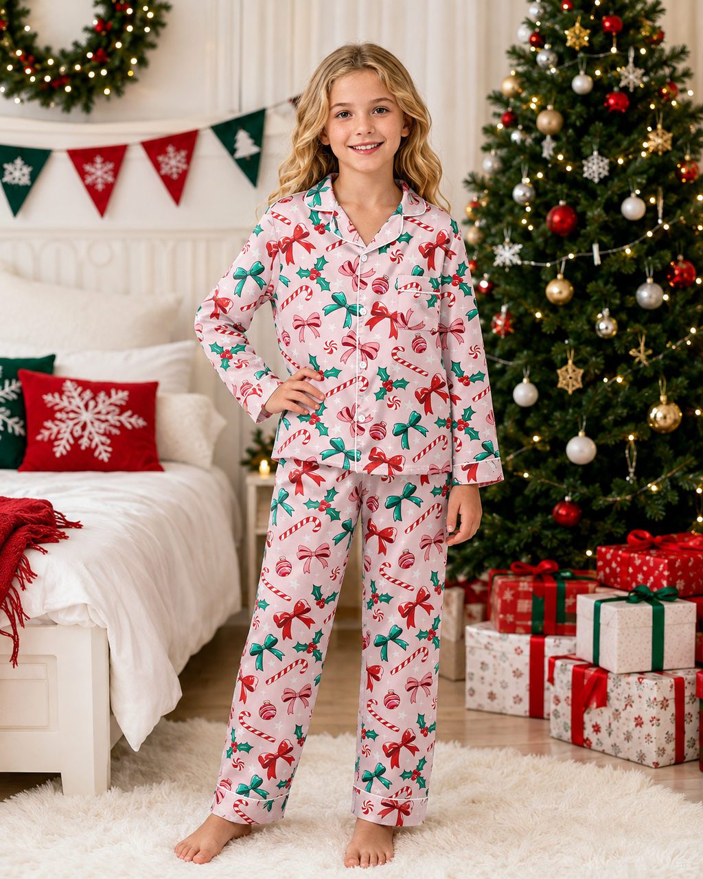 Lanbubble Girls Christmas Pajama Set Silky Satin Feel Long Sleeve Button Down Holiday Sleepwear with Elastic Waist Pants Size 5-14Y