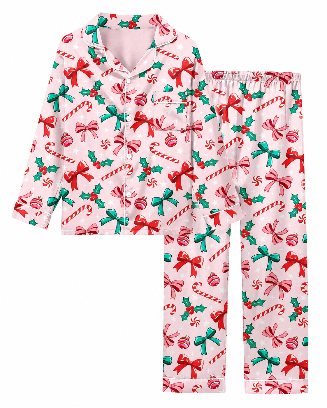 Lanbubble Girls Christmas Pajama Set Silky Satin Feel Long Sleeve Button Down Holiday Sleepwear with Elastic Waist Pants Size 5-14Y