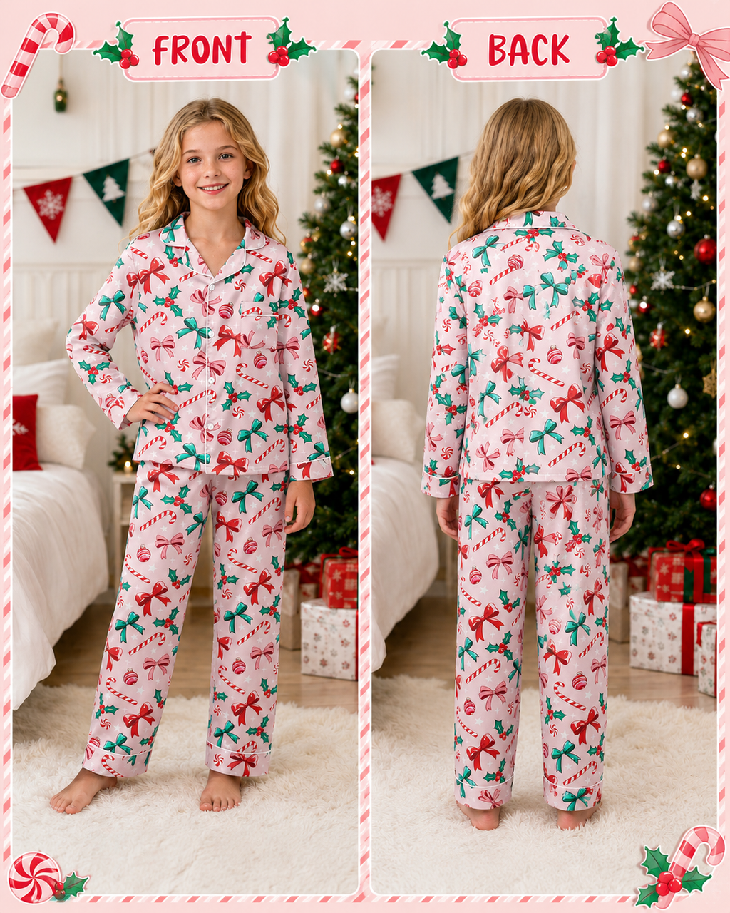 Lanbubble Girls Christmas Pajama Set Silky Satin Feel Long Sleeve Button Down Holiday Sleepwear with Elastic Waist Pants Size 5-14Y