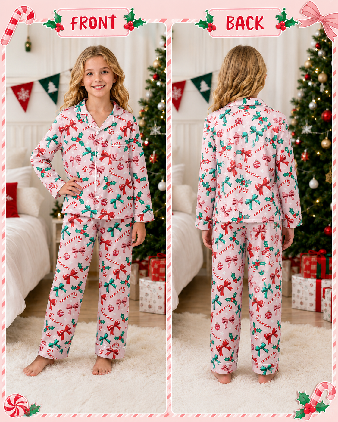 Lanbubble Girls Christmas Pajama Set Silky Satin Feel Long Sleeve Button Down Holiday Sleepwear with Elastic Waist Pants Size 5-14Y
