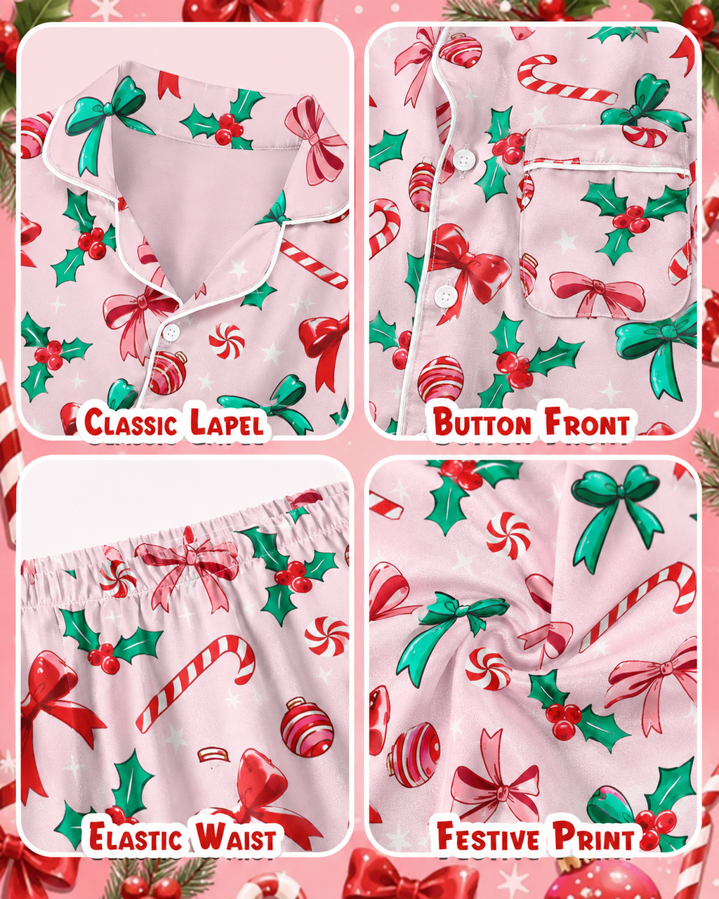 Lanbubble Girls Christmas Pajama Set Silky Satin Feel Long Sleeve Button Down Holiday Sleepwear with Elastic Waist Pants Size 5-14Y
