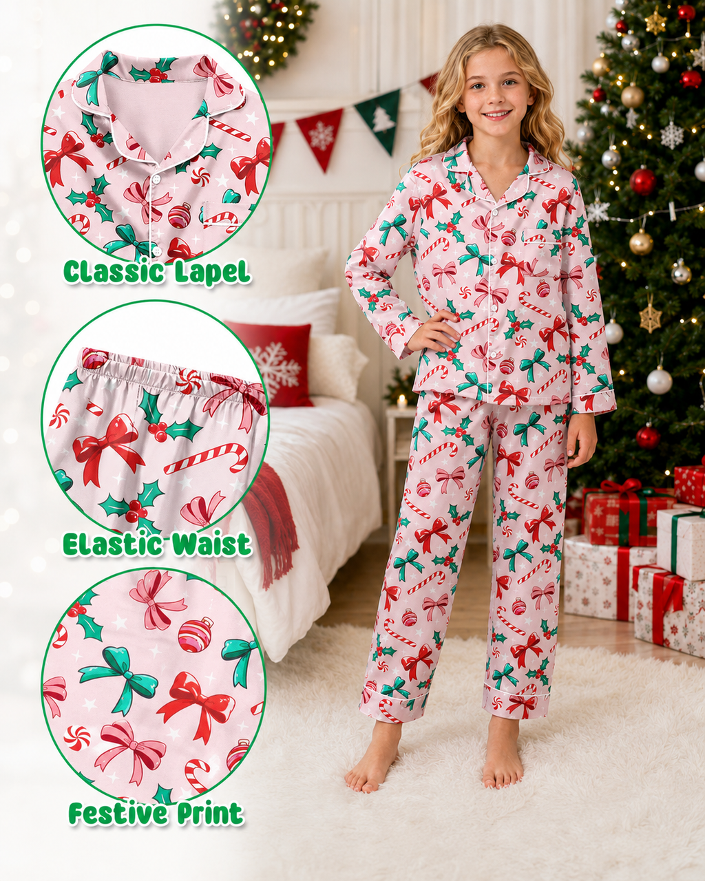 Lanbubble Girls Christmas Pajama Set Silky Satin Feel Long Sleeve Button Down Holiday Sleepwear with Elastic Waist Pants Size 5-14Y