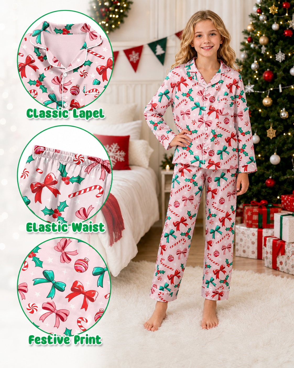 Lanbubble Girls Christmas Pajama Set Silky Satin Feel Long Sleeve Button Down Holiday Sleepwear with Elastic Waist Pants Size 5-14Y