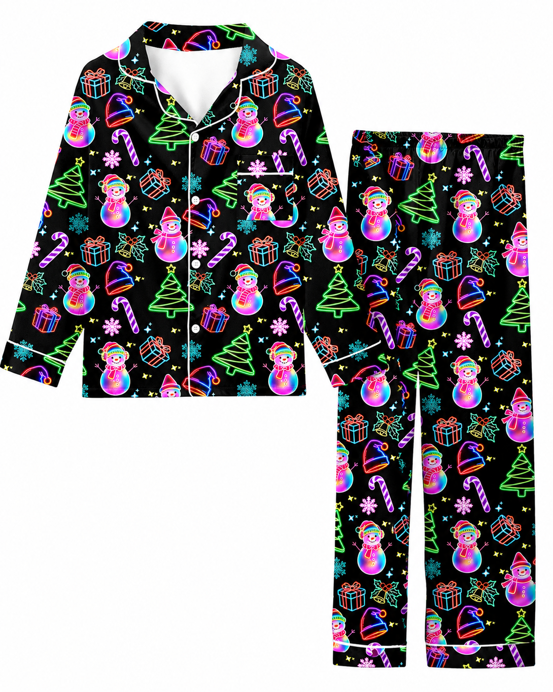 Lanbubble Girls Christmas Pajama Set Silky Satin Feel Long Sleeve Button Down Holiday Sleepwear with Elastic Waist Pants Size 5-14Y