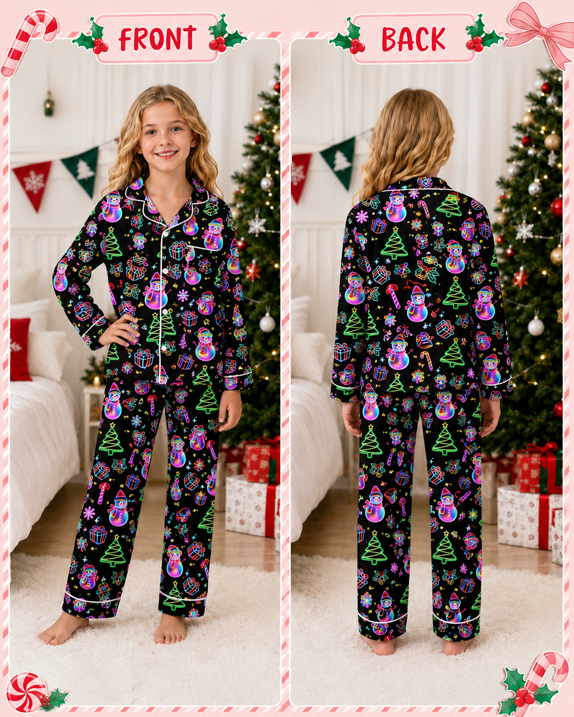 Lanbubble Girls Christmas Pajama Set Silky Satin Feel Long Sleeve Button Down Holiday Sleepwear with Elastic Waist Pants Size 5-14Y