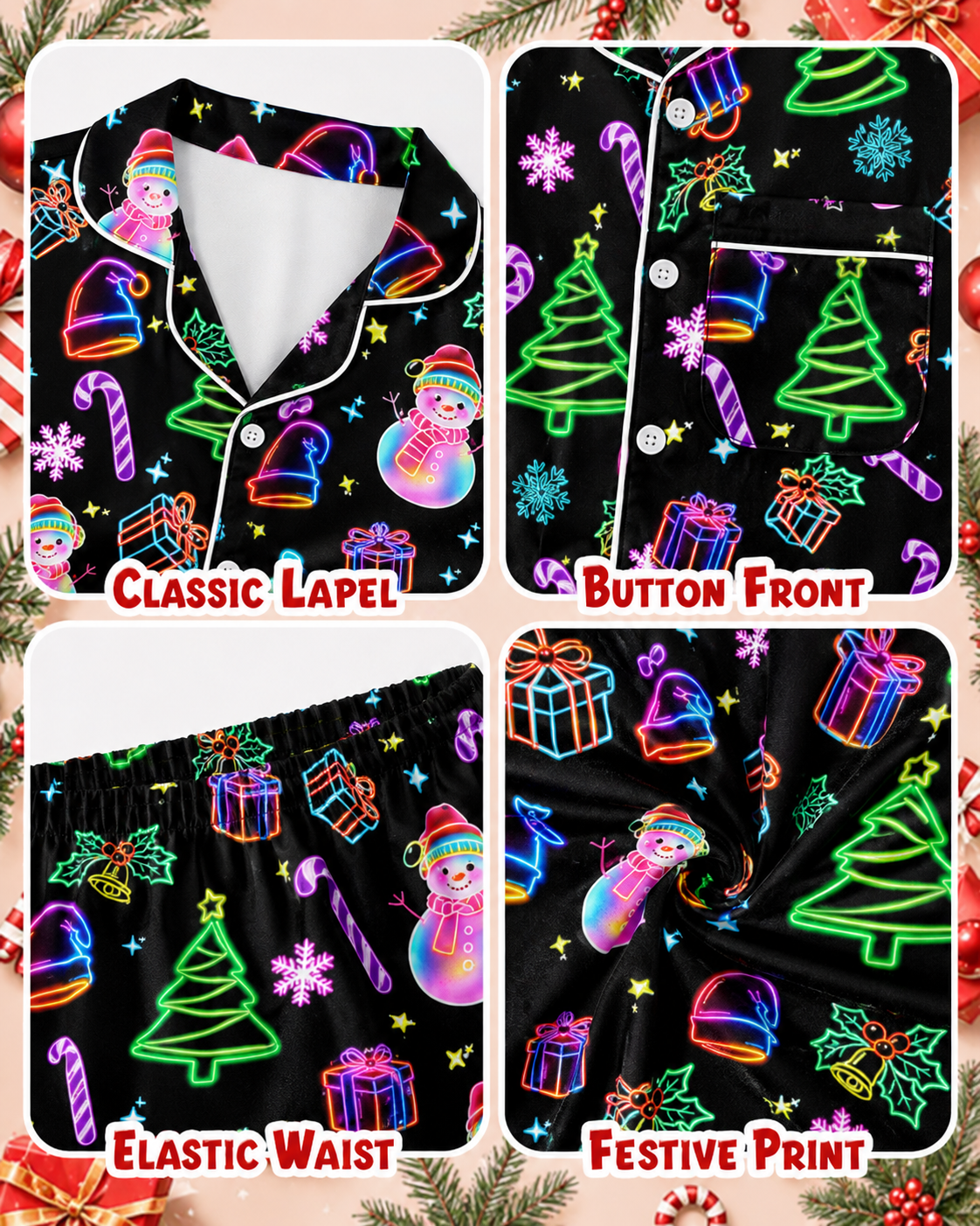 Lanbubble Girls Christmas Pajama Set Silky Satin Feel Long Sleeve Button Down Holiday Sleepwear with Elastic Waist Pants Size 5-14Y