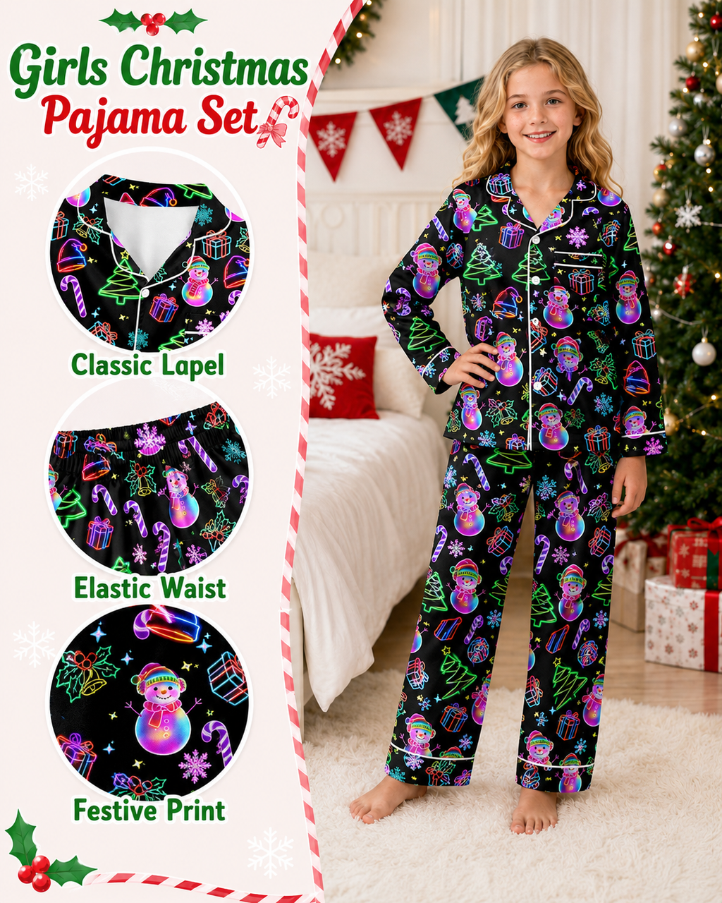 Lanbubble Girls Christmas Pajama Set Silky Satin Feel Long Sleeve Button Down Holiday Sleepwear with Elastic Waist Pants Size 5-14Y