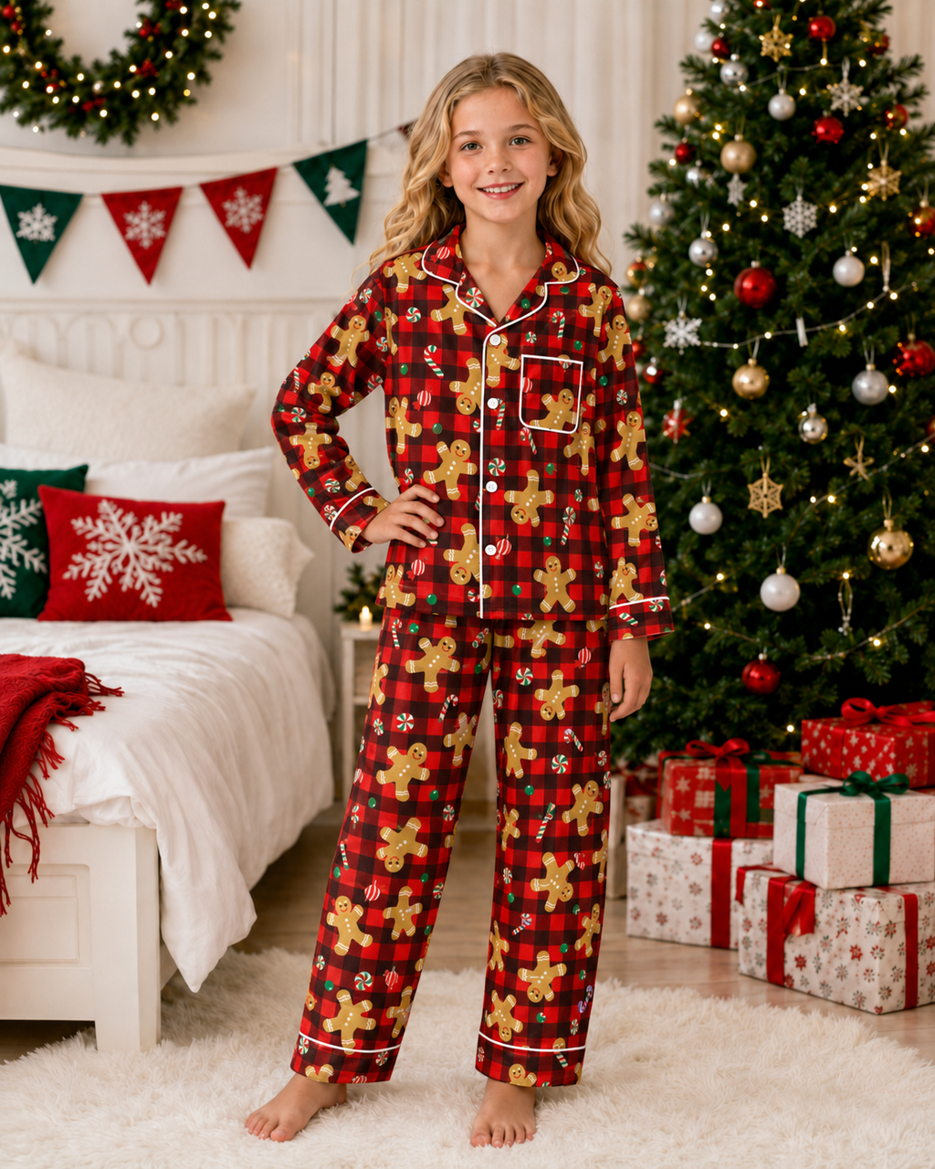 Lanbubble Girls Christmas Pajama Set Silky Satin Feel Long Sleeve Button Down Holiday Sleepwear with Elastic Waist Pants Size 5-14Y