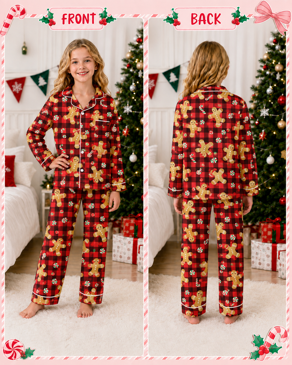 Lanbubble Girls Christmas Pajama Set Silky Satin Feel Long Sleeve Button Down Holiday Sleepwear with Elastic Waist Pants Size 5-14Y
