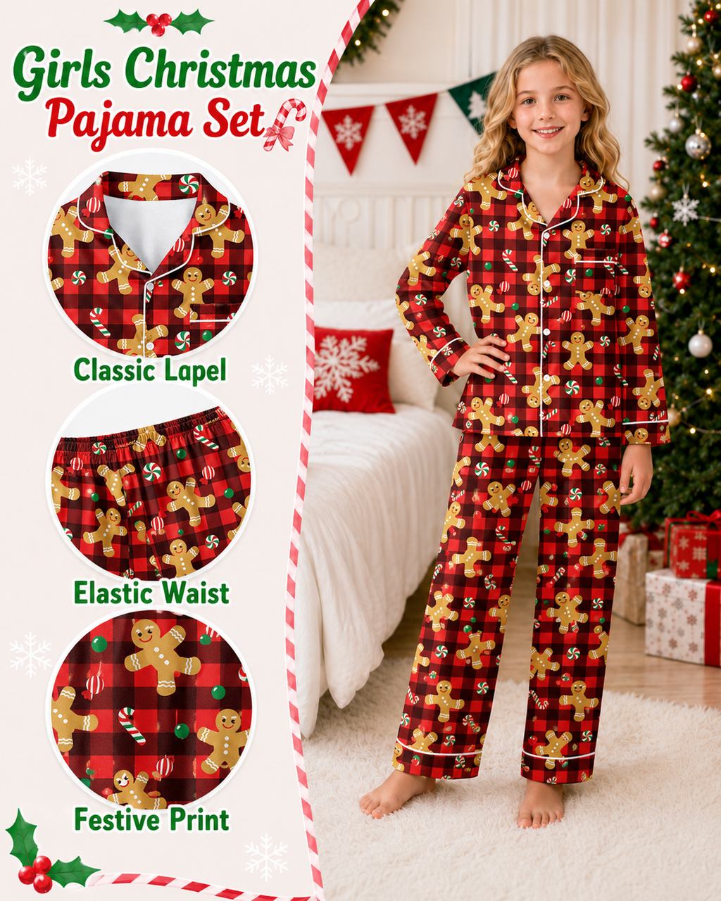 Lanbubble Girls Christmas Pajama Set Silky Satin Feel Long Sleeve Button Down Holiday Sleepwear with Elastic Waist Pants Size 5-14Y
