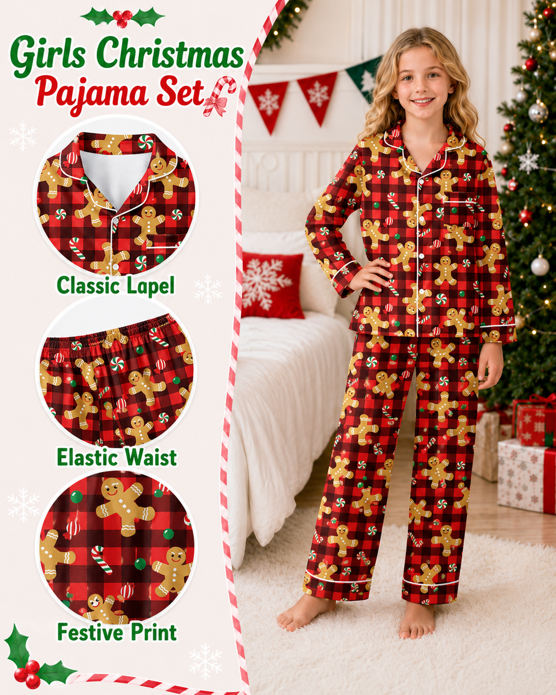 Lanbubble Girls Christmas Pajama Set Silky Satin Feel Long Sleeve Button Down Holiday Sleepwear with Elastic Waist Pants Size 5-14Y
