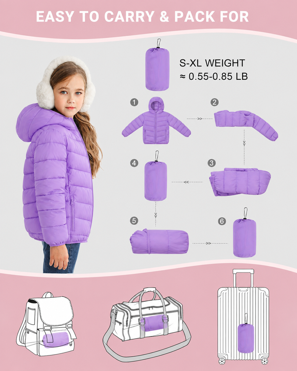 Lanbubble Girls Puffer Jacket Hooded Packable Winter Coat with Pockets Lightweight Warm Outerwear for Kids, Sizes 4-12 Years