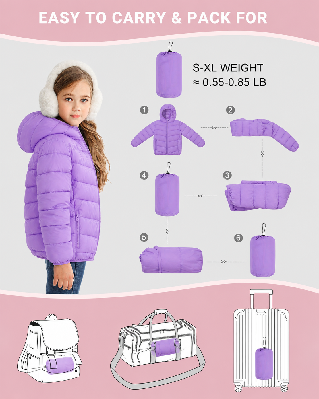Lanbubble Girls Puffer Jacket Hooded Packable Winter Coat with Pockets Lightweight Warm Outerwear for Kids, Sizes 4-12 Years