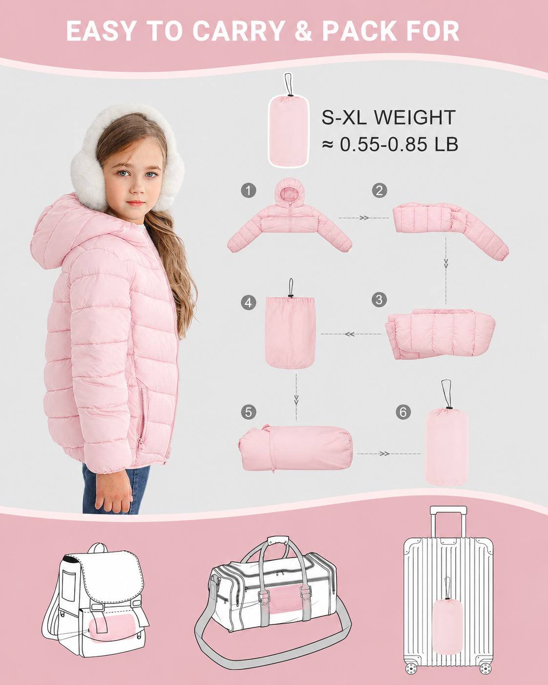 Lanbubble Girls Puffer Jacket Hooded Packable Winter Coat with Pockets Lightweight Warm Outerwear for Kids, Sizes 4-12 Years