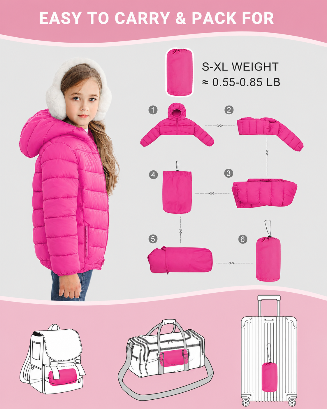 Lanbubble Girls Puffer Jacket Hooded Packable Winter Coat with Pockets Lightweight Warm Outerwear for Kids, Sizes 4-12 Years