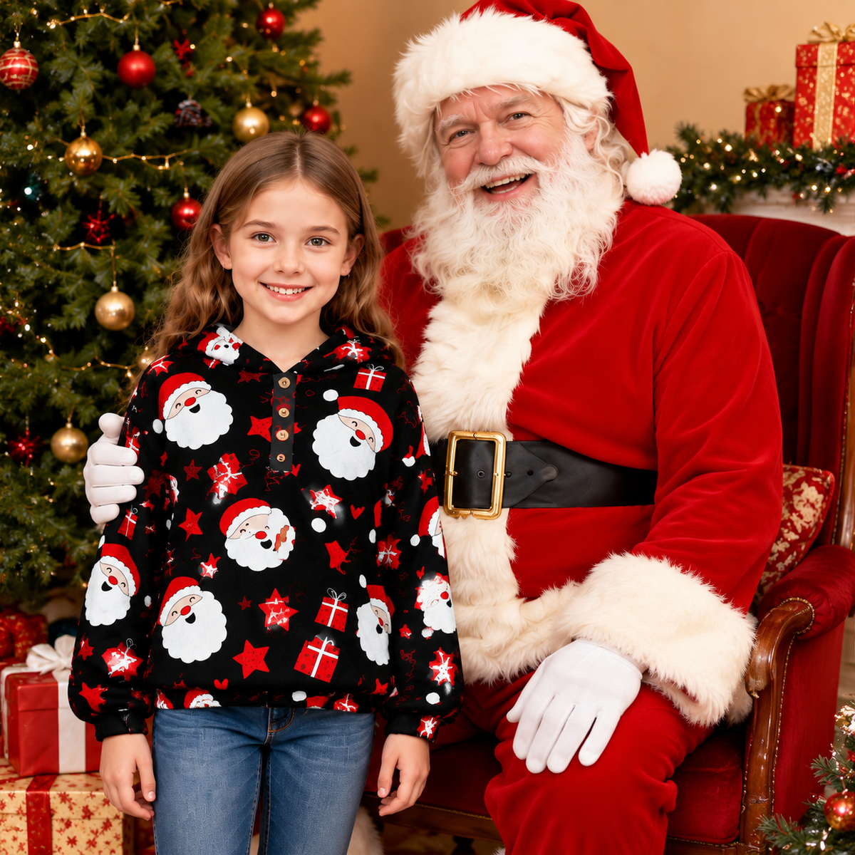 Lanbubble Girls Christmas Hoodie Sweatshirt Warm Pullover Top with Button, Sizes 6-13 Years