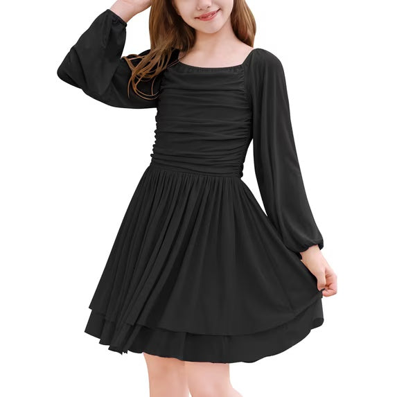 Lanbubble Girls Dresses Puff Long Sleeve Square Neck Homecoming Dress Cute A-Line White Dress For Teens 8-14 Years