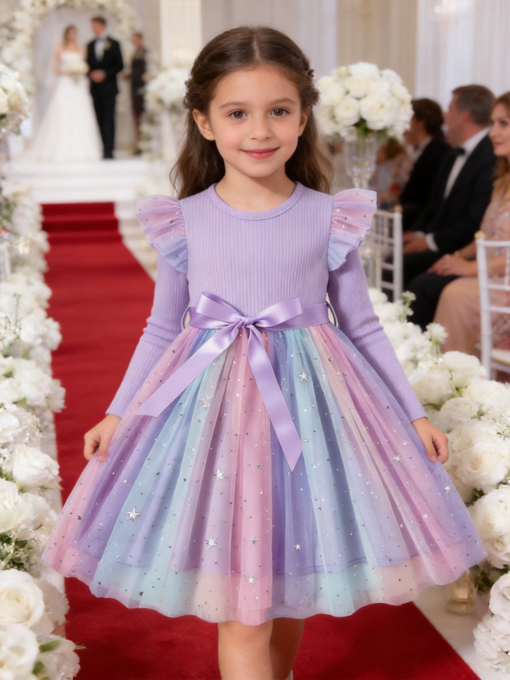 Lanbubble Toddler Girls Tulle Tutu Dress Long Sleeve Sequin Party Dress Fall Winter Clothes 2-6Y