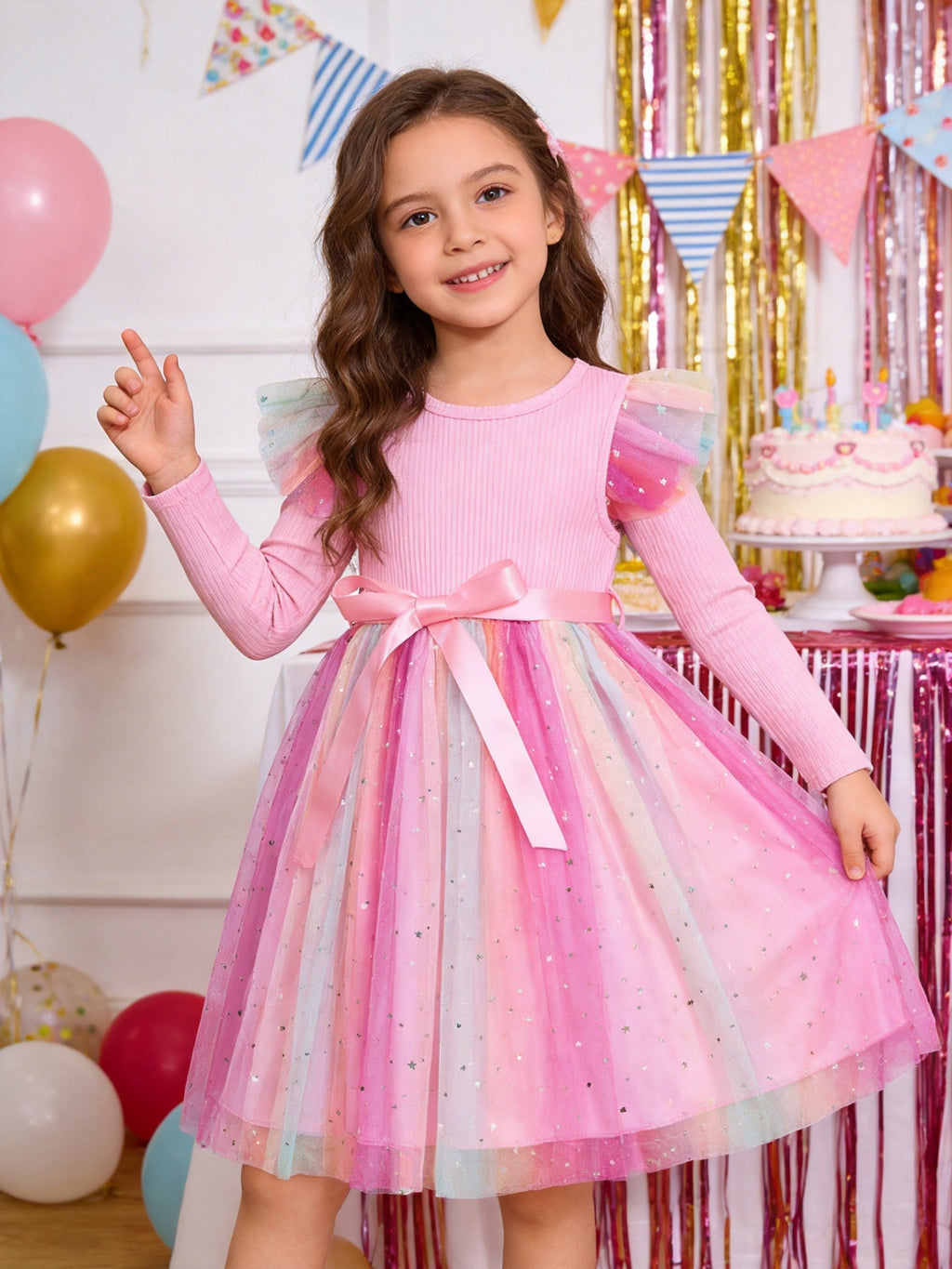 Lanbubble Toddler Girls Tulle Tutu Dress Long Sleeve Sequin Party Dress Fall Winter Clothes 2-6Y