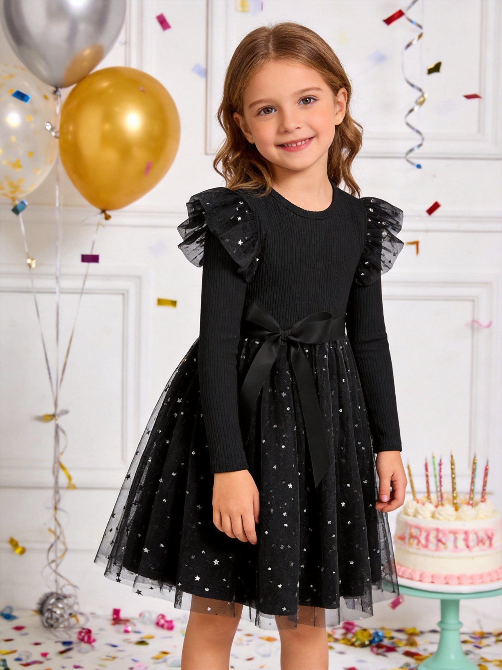 Lanbubble Toddler Girls Tulle Tutu Dress Long Sleeve Sequin Party Dress Fall Winter Clothes 2-6Y