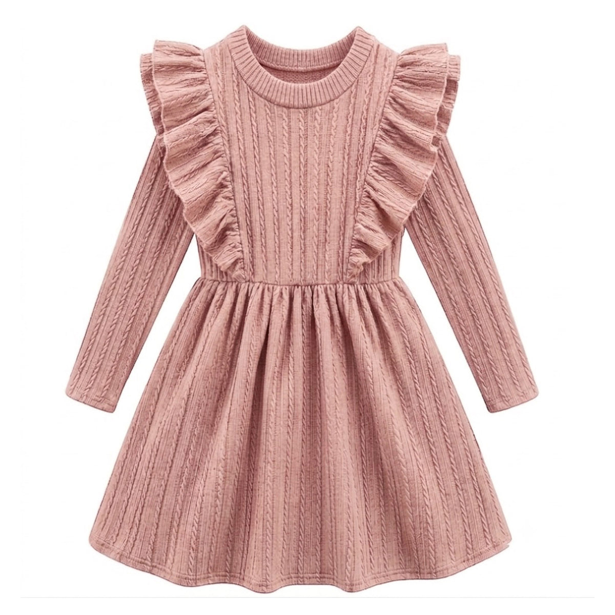 Lanbubble Toddler Girls Long Sleeve Ruffle Dress Cable Knit A-Line Sweater Dress Soft Fall Winter Dresses 3T-6T