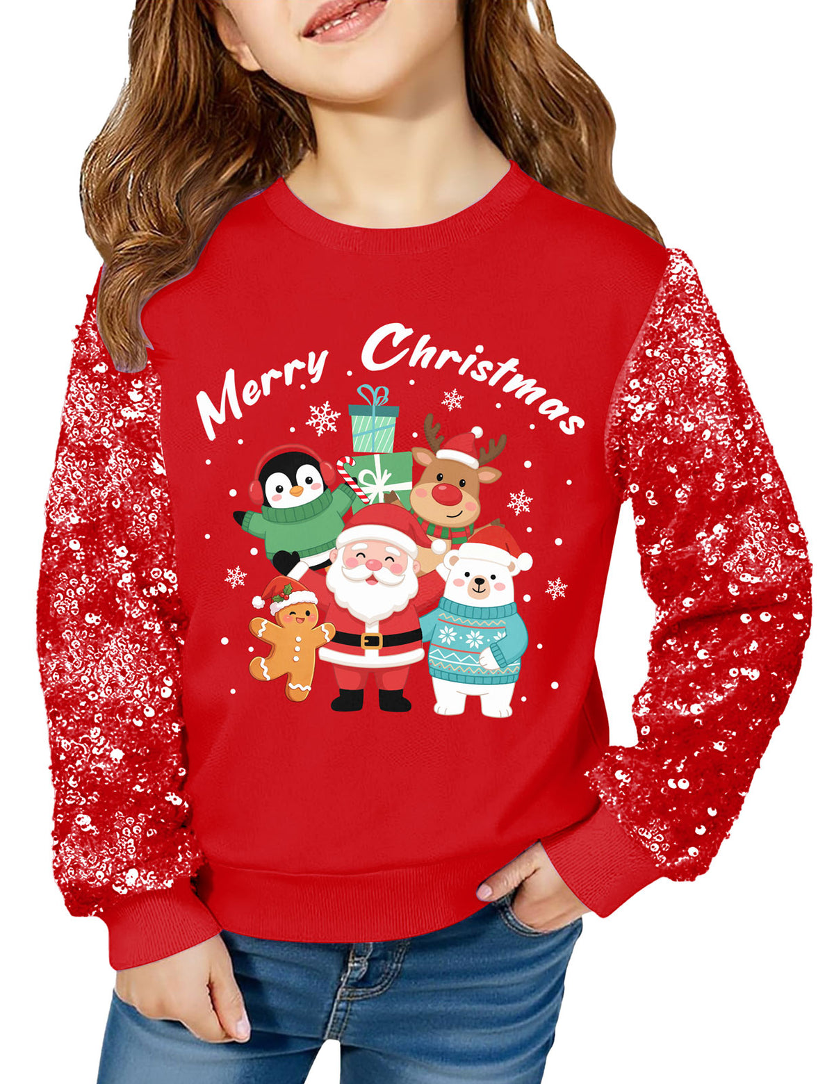 Lanbubble Girls Christmas Sweatshirt, Sequin Sleeve Crewneck Pullover, Sparkly Holiday Graphic Long Sleeve Top, Sizes 6-12Y