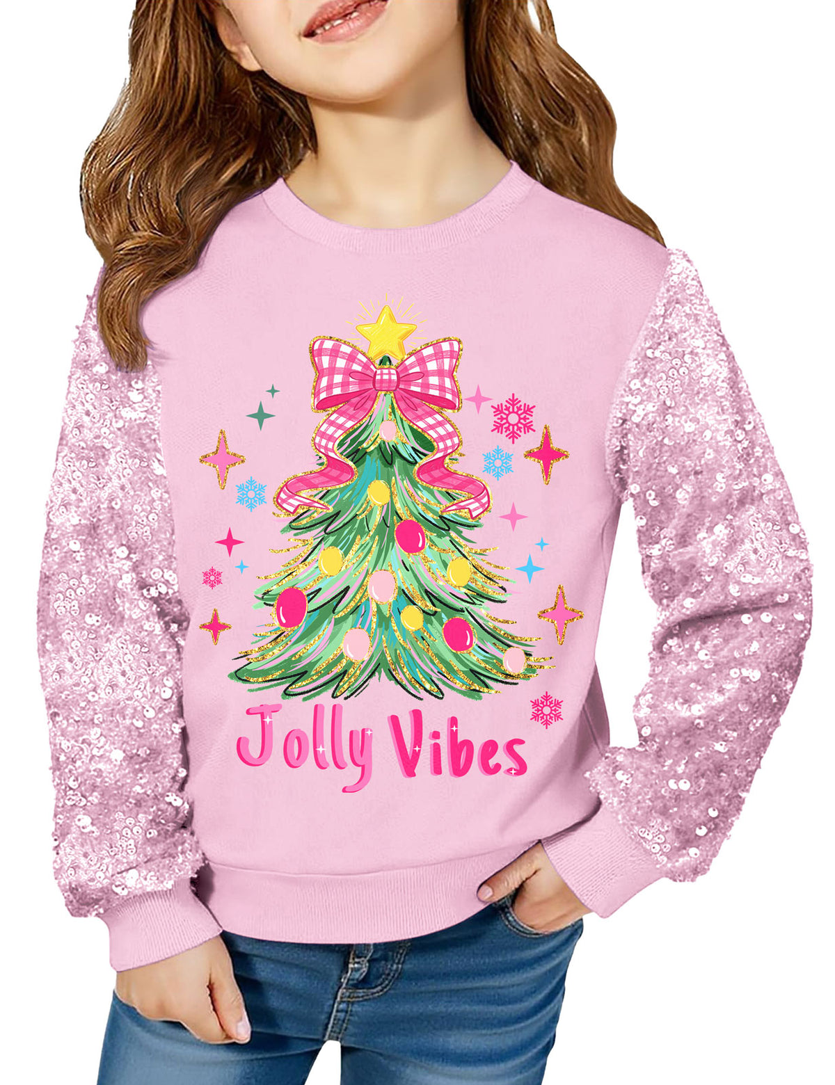 Lanbubble Girls Christmas Sweatshirt, Sequin Sleeve Crewneck Pullover, Sparkly Holiday Graphic Long Sleeve Top, Sizes 6-12Y