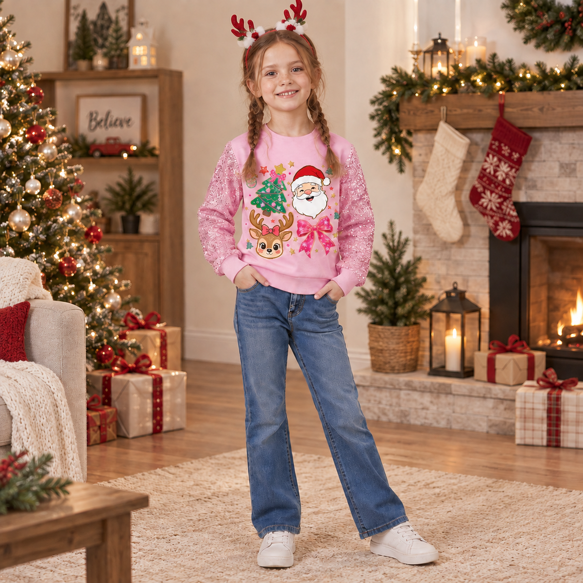 Lanbubble Girls Christmas Sweatshirt, Sequin Sleeve Crewneck Pullover, Sparkly Holiday Graphic Long Sleeve Top, Sizes 6-12Y