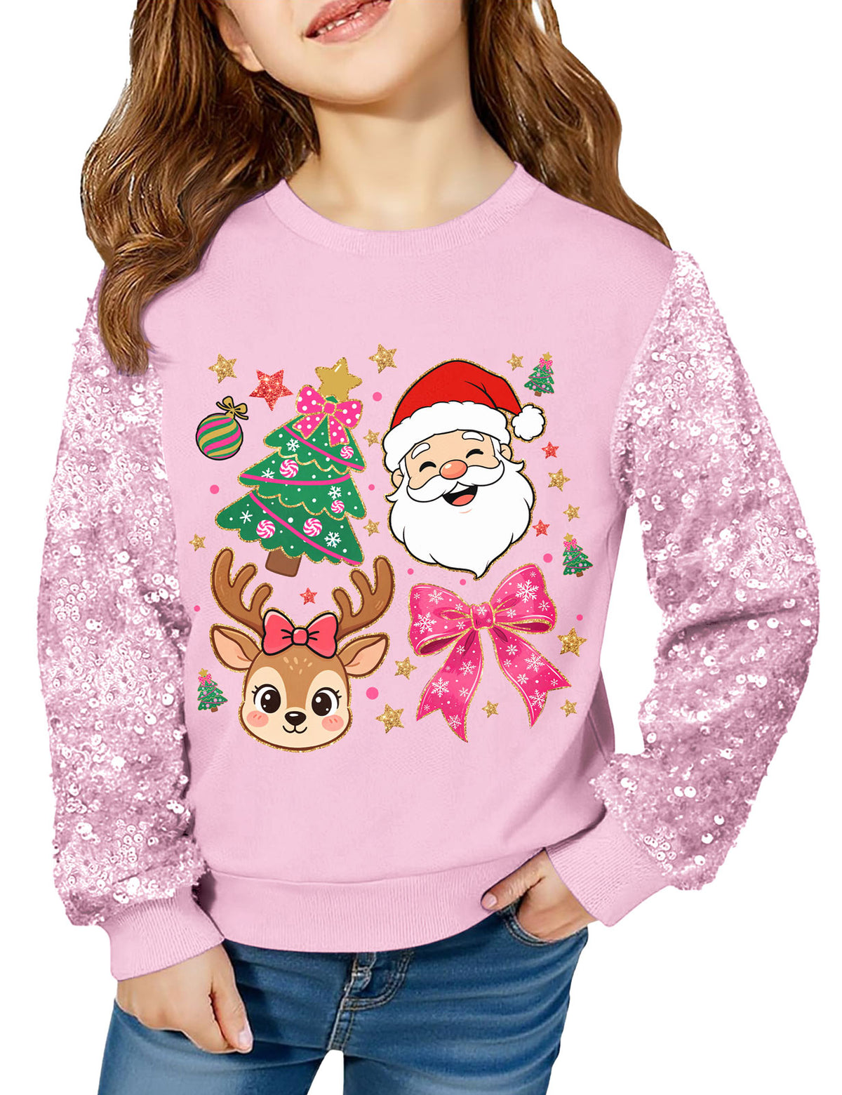 Lanbubble Girls Christmas Sweatshirt, Sequin Sleeve Crewneck Pullover, Sparkly Holiday Graphic Long Sleeve Top, Sizes 6-12Y