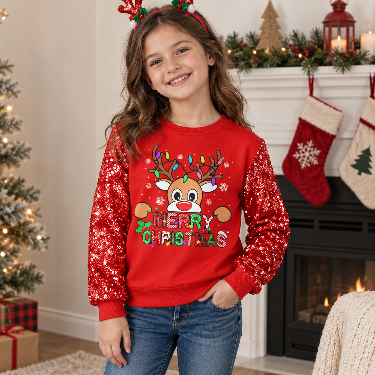 Lanbubble Girls Christmas Sweatshirt, Sequin Sleeve Crewneck Pullover, Sparkly Holiday Graphic Long Sleeve Top, Sizes 6-12Y